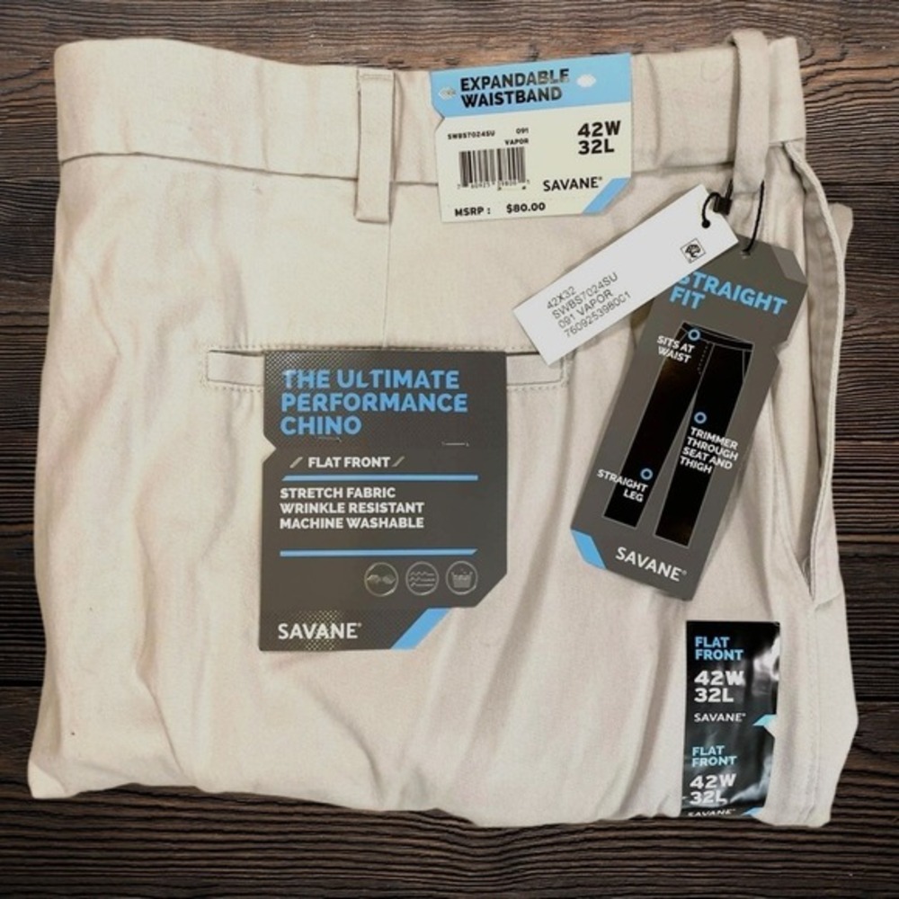 NWT Savane Ultimate Performance Chino Pants Mens 42x32 Vapor Gray Straight‎ Fit